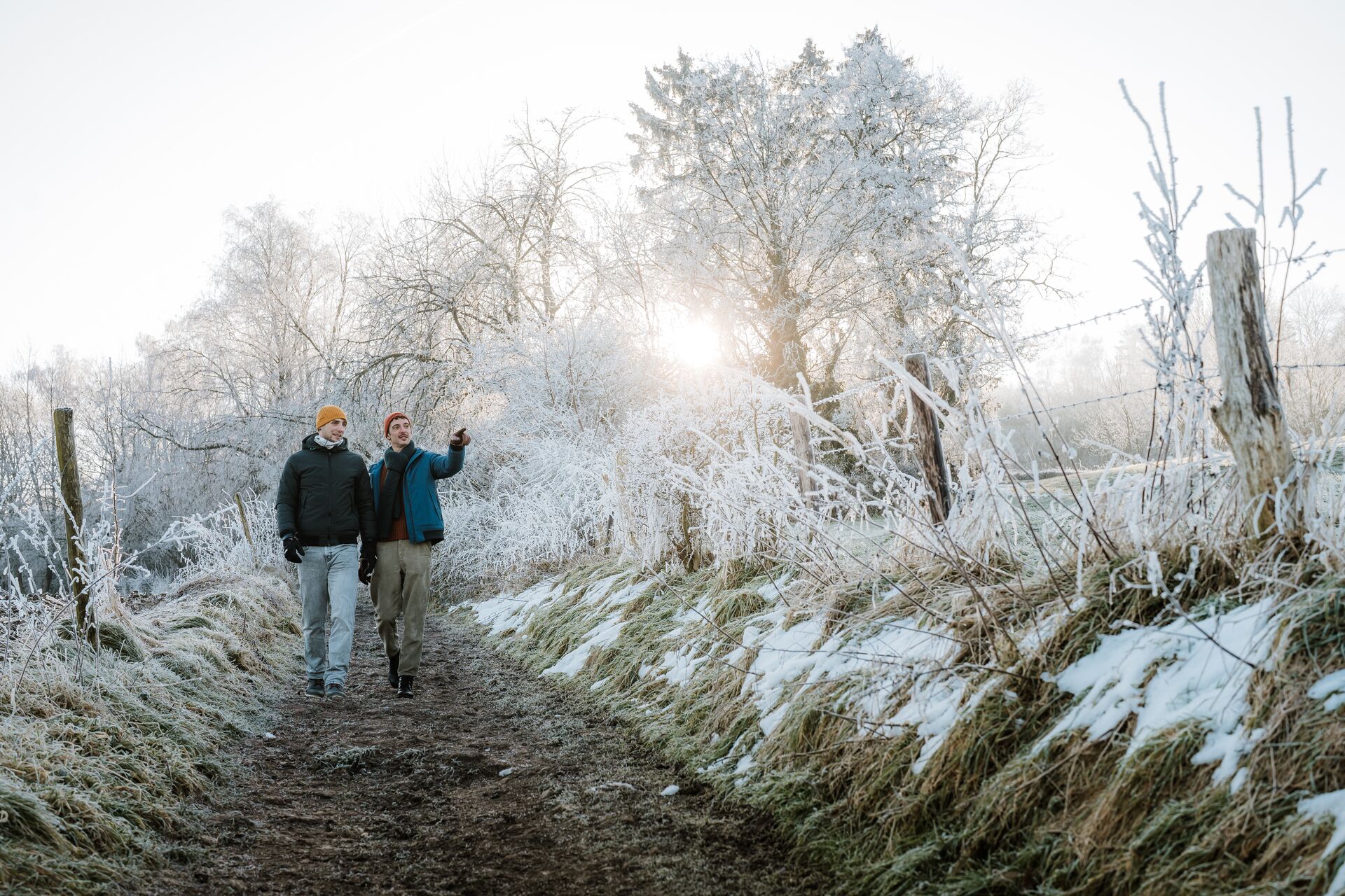 Caminata matutina invernal tranquila al amanecer por un paisaje helado Dos personas caminan por un sendero helado bordeado de árboles y hierba cubiertos de nieve. El amanecer proyecta un cálido resplandor que transmite una tranquila mañana de invierno.