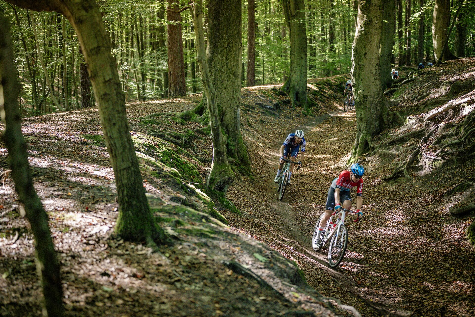 EK gravel Brabantse wouden (foto's ENKEL voor redactioneel gebruik in toeristische context) Foto van 2 wielrenners in de Brabantse wouden tijdens het EK gravel.