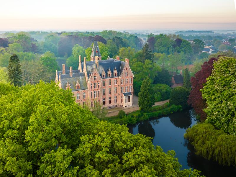 Aerial view of a historic castle surrounded by lush green trees and gardens. A serene pond reflects the vibrant foliage, creating a tranquil, picturesque scene.