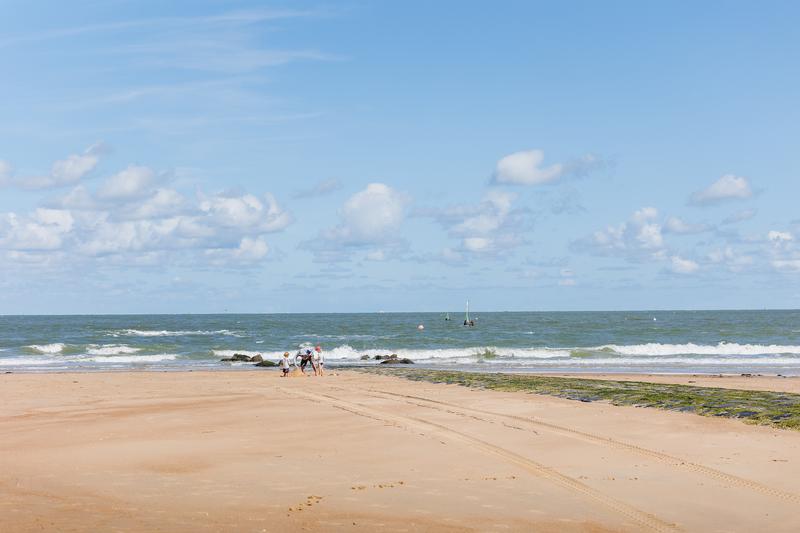 Een panoramisch beeld van de kust, zowel zee als strand, is afgebeeld op de foto.