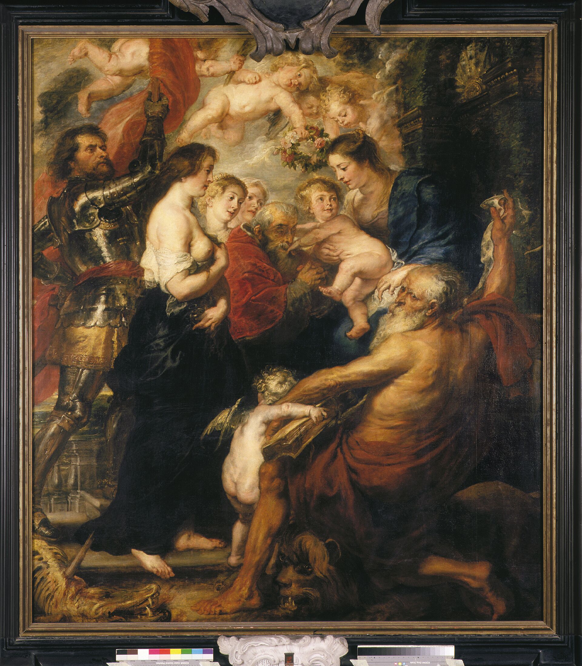 Madonna Surrounded by Saints (c. 1630) - Peter Paul Rubens A vibrant Renaissance painting depicts a gathering of figures, including armored knights, women with children, and cherubs. The scene conveys a sense of grandeur and reverence.