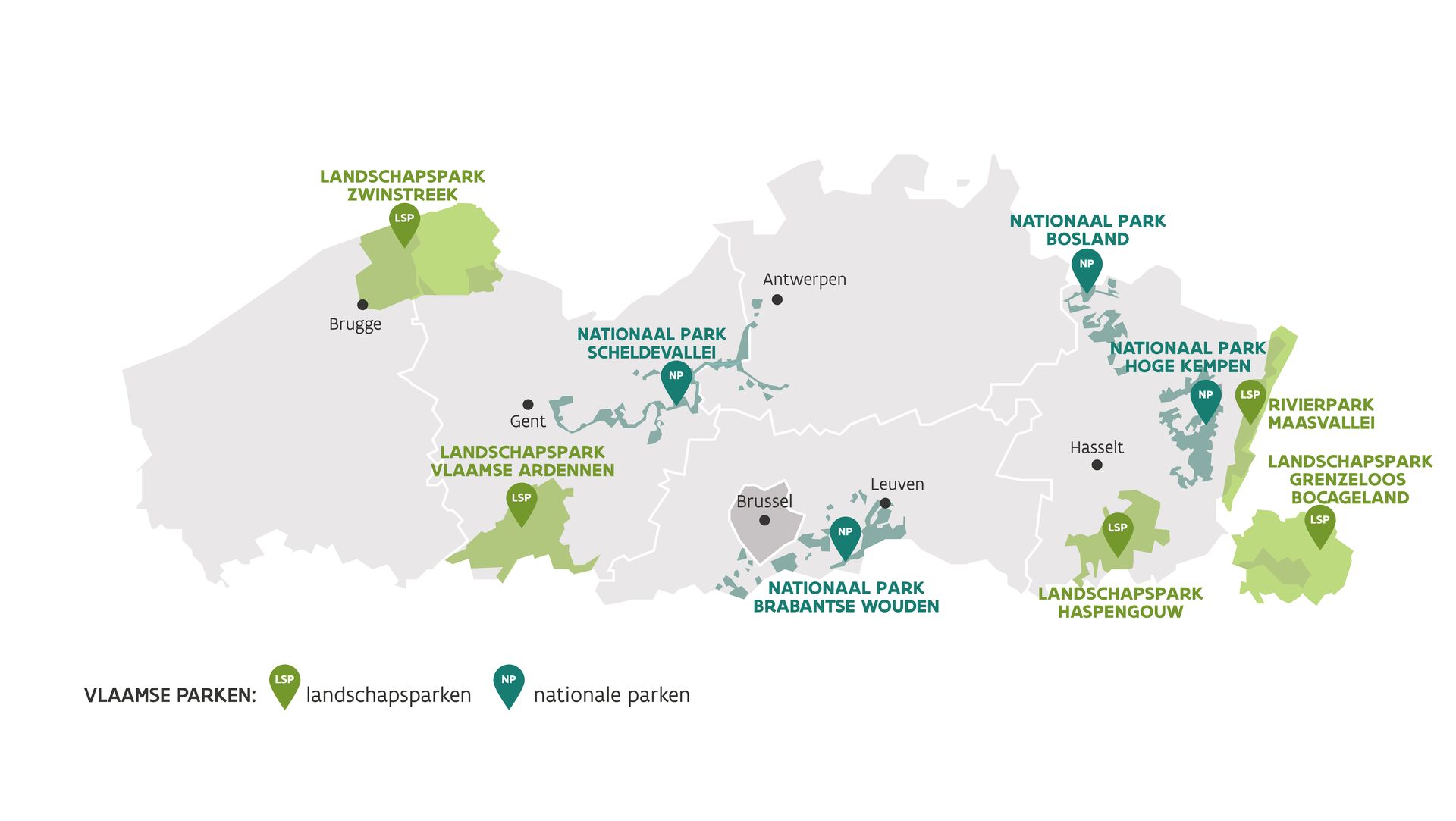Kaart van Vlaanderen met Vlaamse parken van west naar oost. Landschapsparken (LSP): Zwinstreek, Vlaamse Ardennen, Hart van Haspengouw, Maasvallei, Grensloos Bocageland. Nationale parken (NP): Scheldevallei, Brabantse Wouden, Bosland, Hoge Kempen.