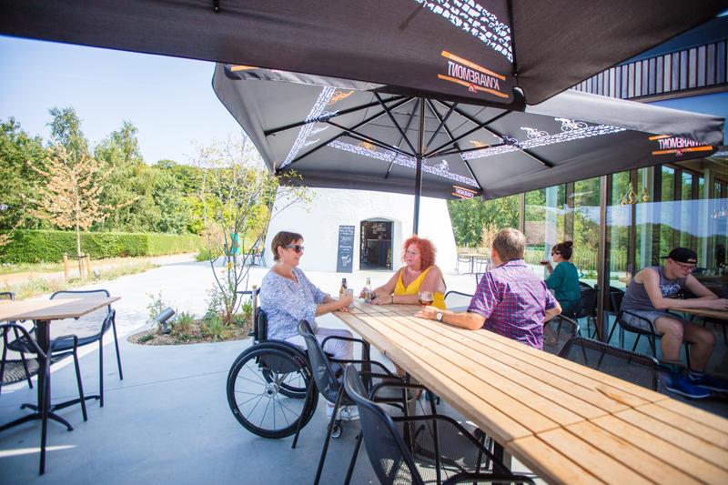 Mujer en silla de ruedas disfrutando de una bebida en buena compañía