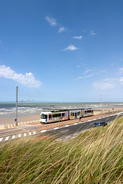 Coastal public transport tram De Lijn at beachside Raversijde