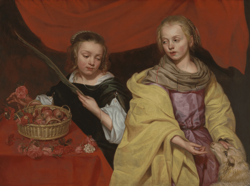 Twee meisjes als de heiligen Agnes en Dorothea – Michaelina Wautier Twee jonge meisjes in elegante kleding zitten tegen een rood gedrapeerde achtergrond. De ene houdt een palmtak en een fruitmand vast; de andere raakt zachtjes de kop van een lam aan.
