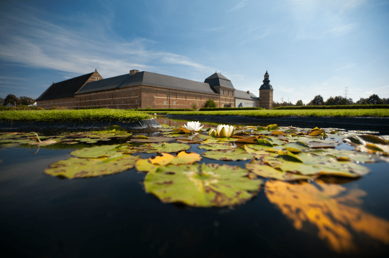 A serene pond with lily pads and white water lilies in the foreground. A historic brick building with a tower is in the background under a blue sky.