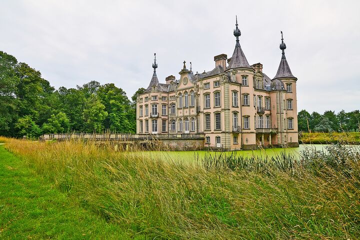 Een groot, historisch kasteel met sierlijke torentjes en spitsen staat naast een rustige vijver, omringd door weelderige groene bomen en een weide onder een bewolkte hemel.
