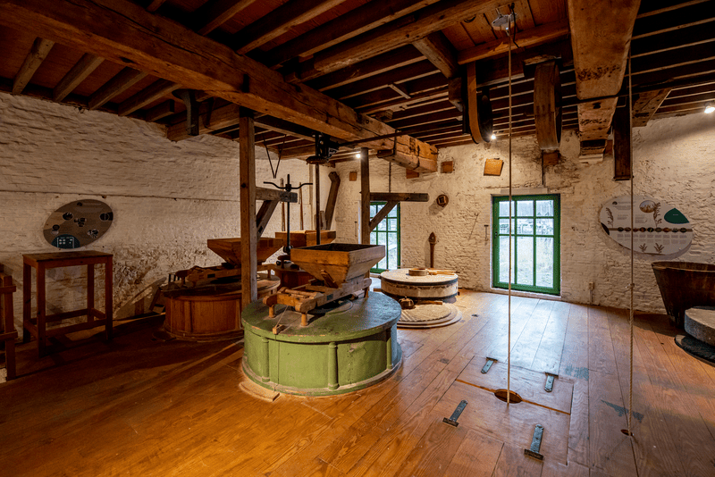 Een rustiek, historisch moleninterieur met houten balken, maalapparatuur en een stenen vloer. Licht valt door een raam en creëert een warme, nostalgische sfeer.