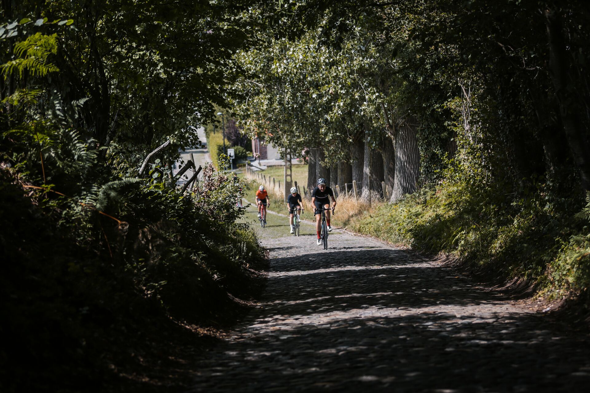 Cyclists riding up the Koppenberg in Flanders