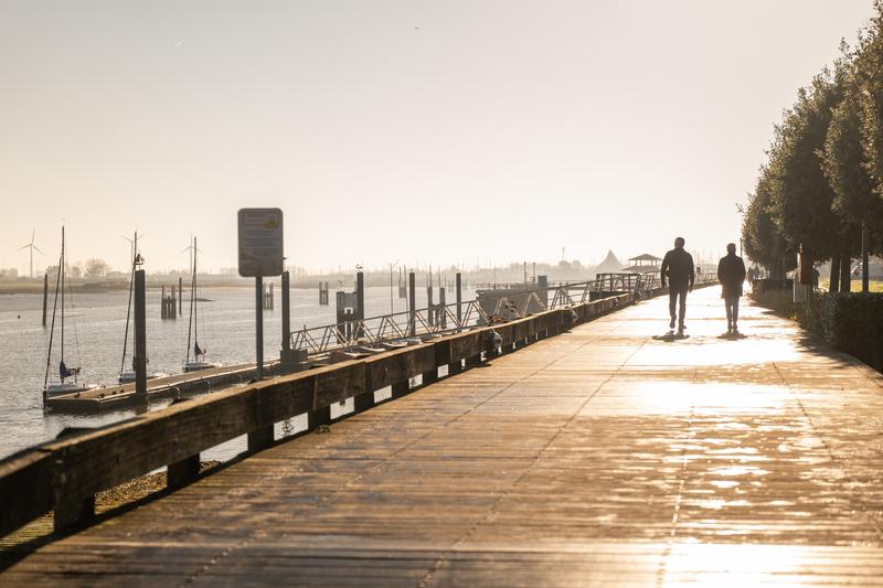 Un tranquilo paseo junto al río al amanecer. Dos personas caminan por un sendero soleado, con árboles a un lado y veleros amarrados en aguas tranquilas al otro.