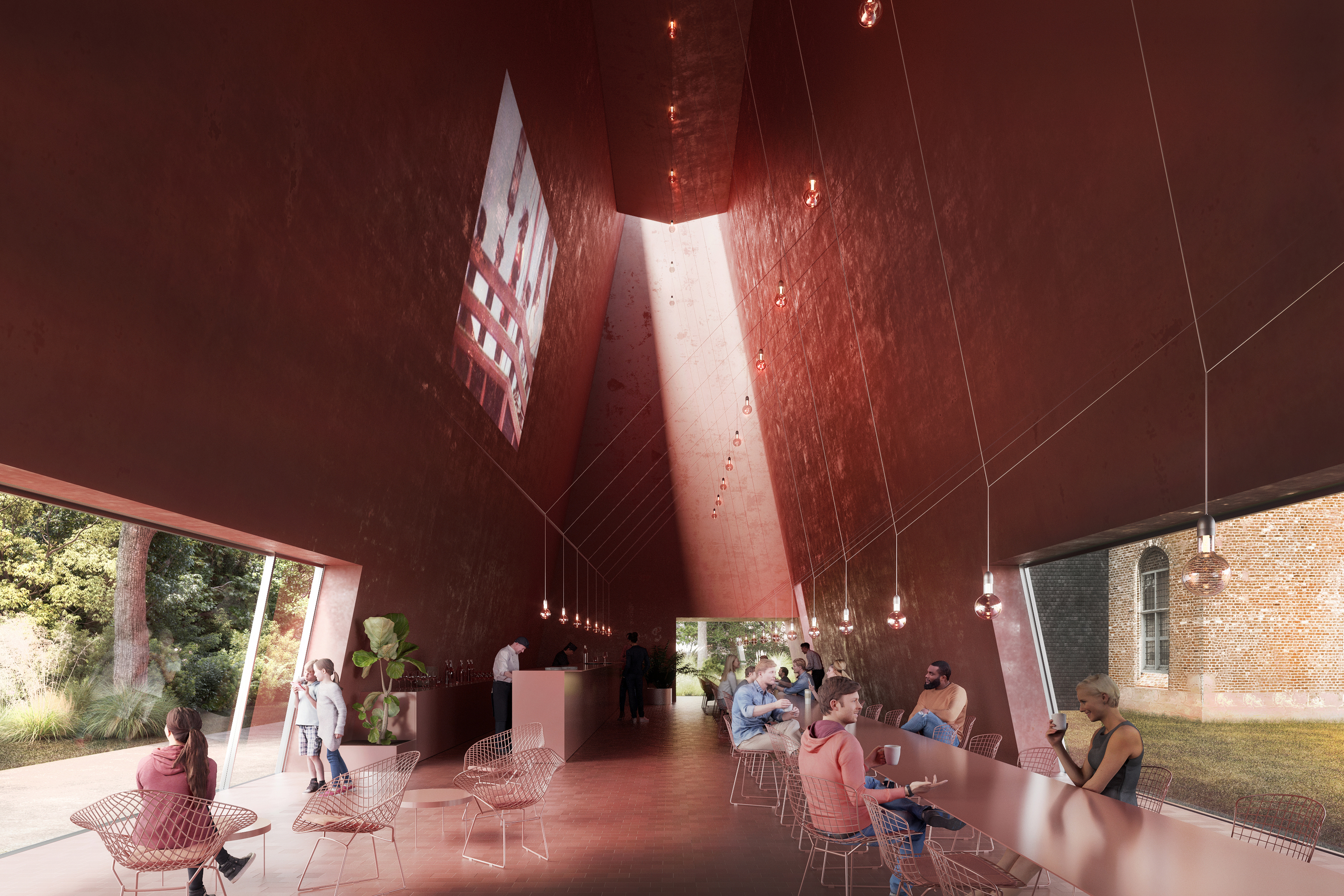 Museum Abby Kortrijk: Contemporary Design and a Calm Cultural Pause A modern café with high, angular, rust-colored walls and a narrow skylight. Patrons sit at tables, enjoying a serene, airy atmosphere.