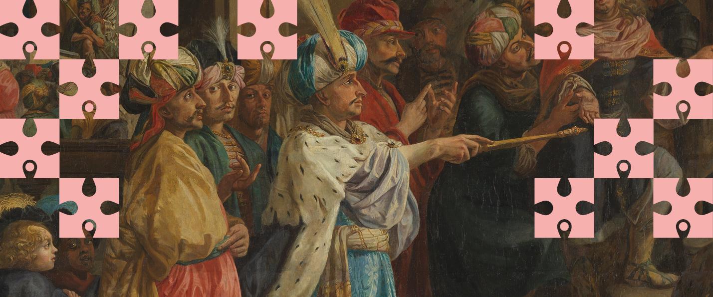 Een klassiek schilderij toont meerdere personen in kleding uit de periode, betrokken in een intense discussie. Grote roze puzzelstukken overlappen deels de scène en verbergen delen ervan.